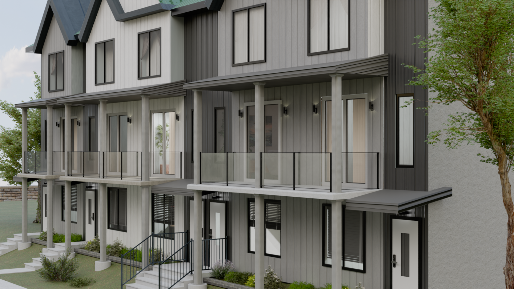 3/4 view of a townhouse complex. Rendered by Alberta Digital Services.