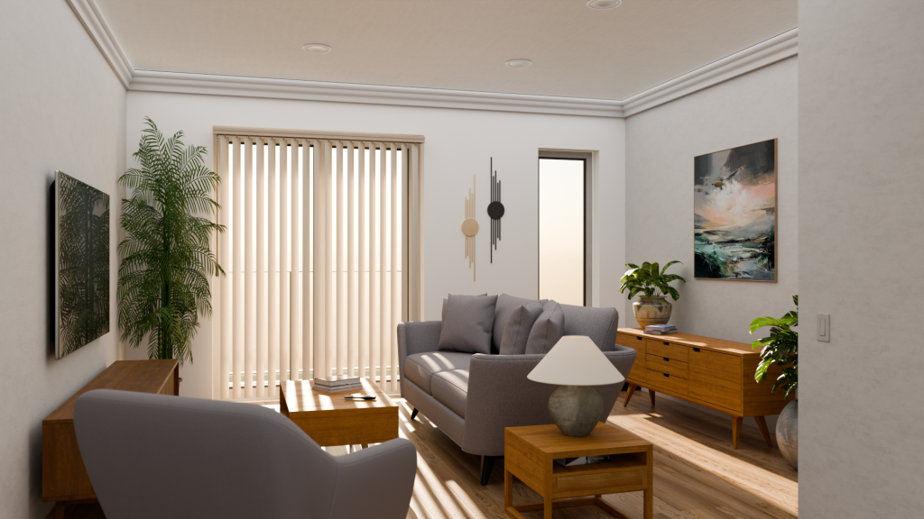 A modern furnished living room. This is a render created by Alberta Digital Services.